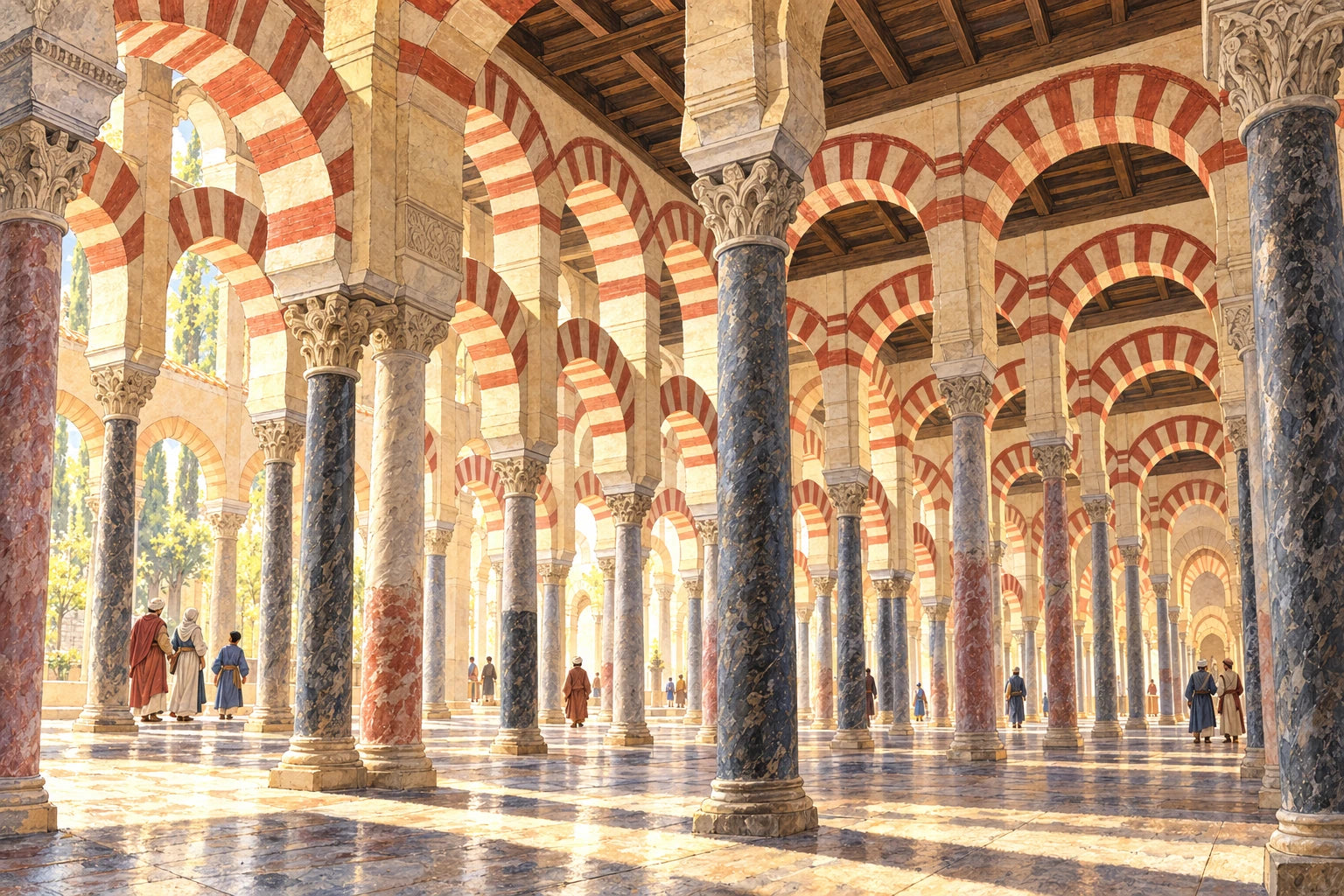Double-tier red-and-pale stone arches rise above marble columns beneath a timber ceiling in an imagined early Great Mosque interior. Original ink-and-watercolour imaginative reconstruction.