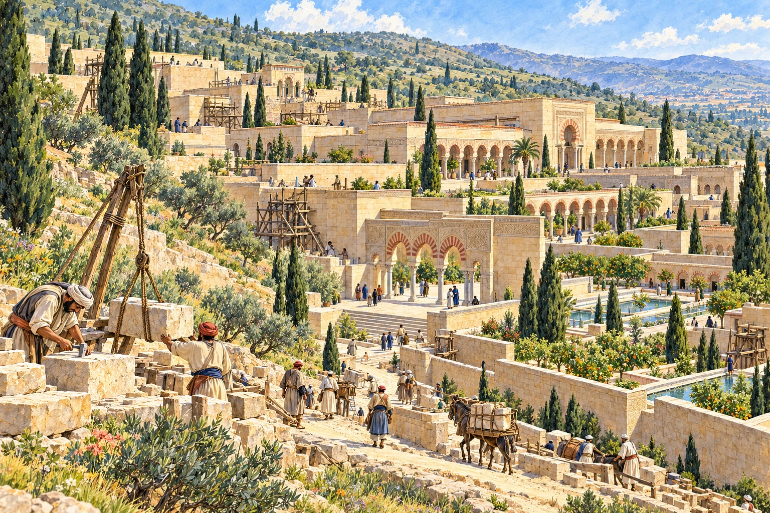 Workers and deliveries move between the stepped limestone terraces and gardens of Madinat al-Zahra. Original ink-and-watercolour imaginative reconstruction.