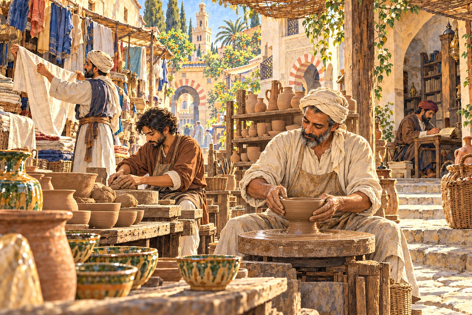 A potter shapes a bowl while an adult apprentice prepares clay; a cloth seller and copyist work farther down the lane. Original ink-and-watercolour imaginative reconstruction.