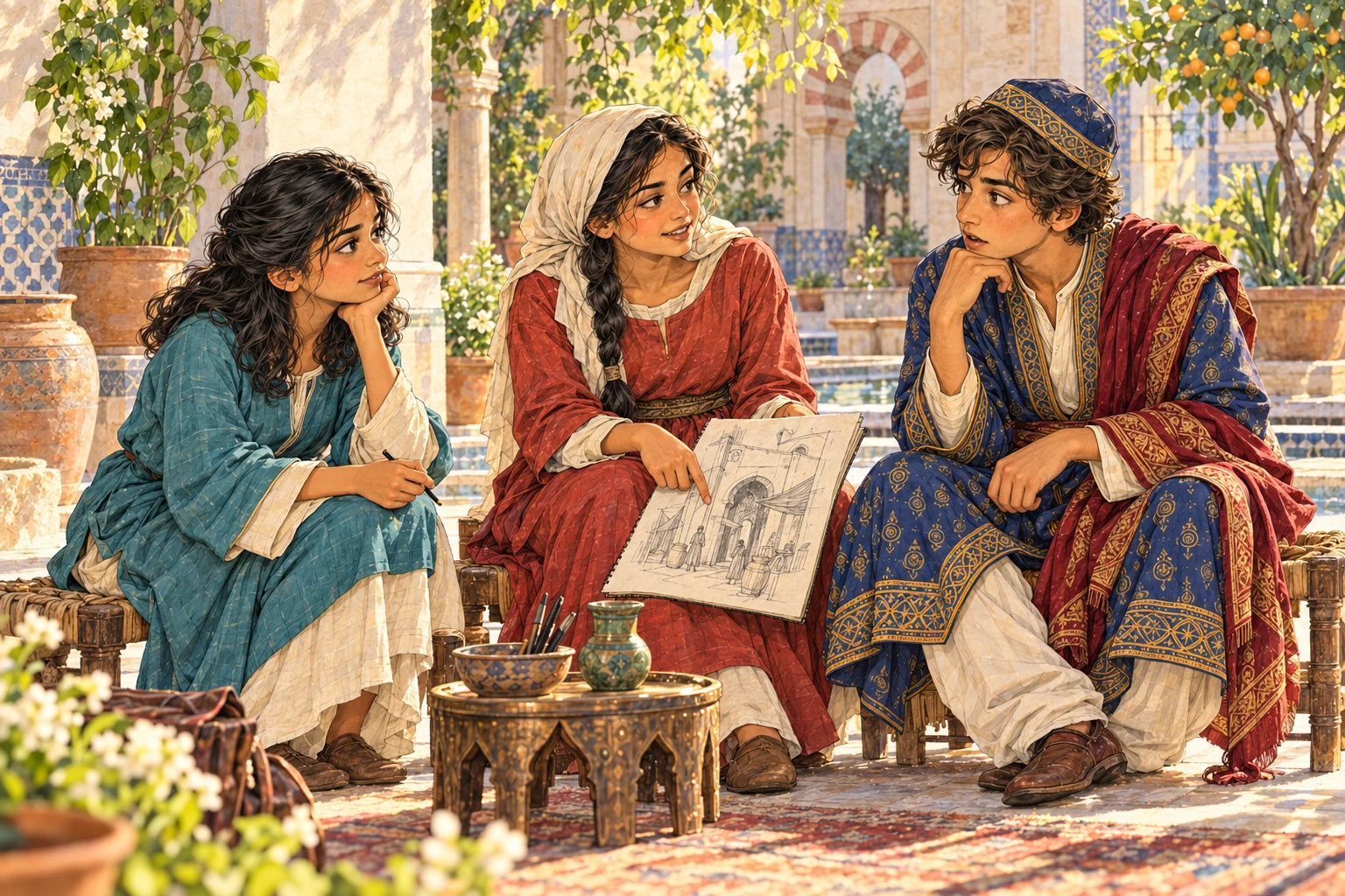 Nora, Maryam and Idris discuss an unlettered drawing together on low seats in a sunlit courtyard. Original ink-and-watercolour imaginative reconstruction.