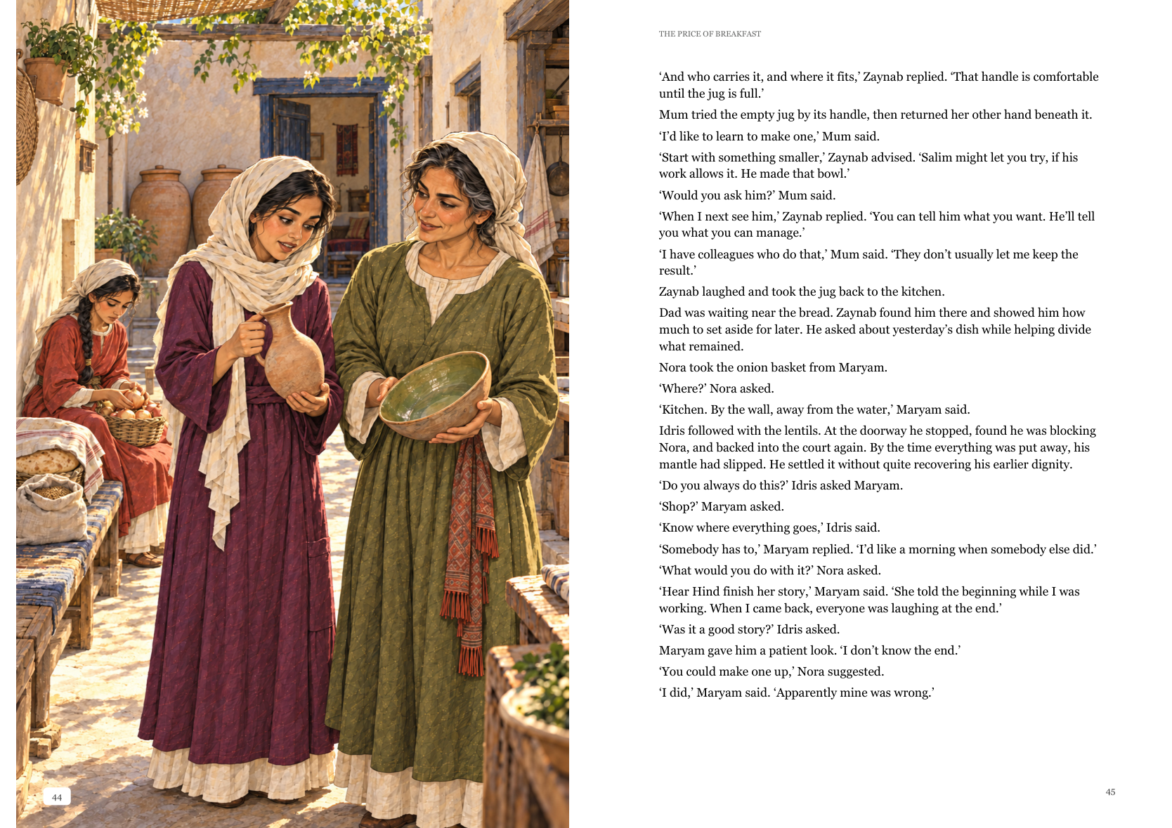 Genuine consecutive PDF pages 46–47 · Sara and Zaynab discuss pottery.