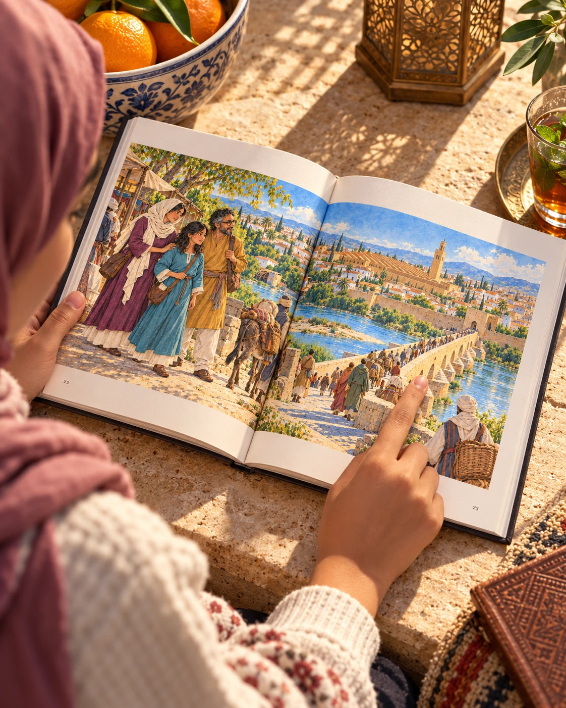 Illustrative photograph: A close editorial photograph of an Arab teenage reader pointing just outside an architectural detail in the open book.