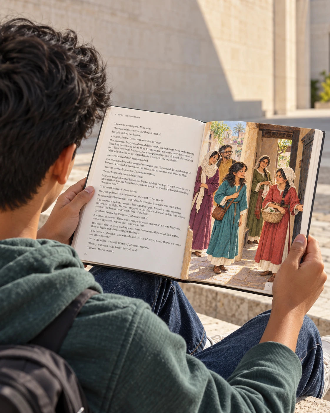 Illustrative photograph: A South Asian teenage boy reading on wide stone steps in a contemporary museum courtyard, modern clothes, photographed from behind at a low diagonal angle.