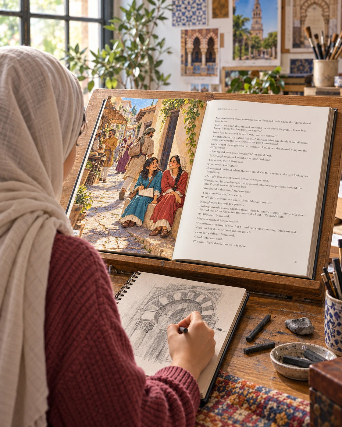 Illustrative photograph: An Arab teenage girl in a headscarf sketching an architectural motif from the open book in a contemporary art studio.