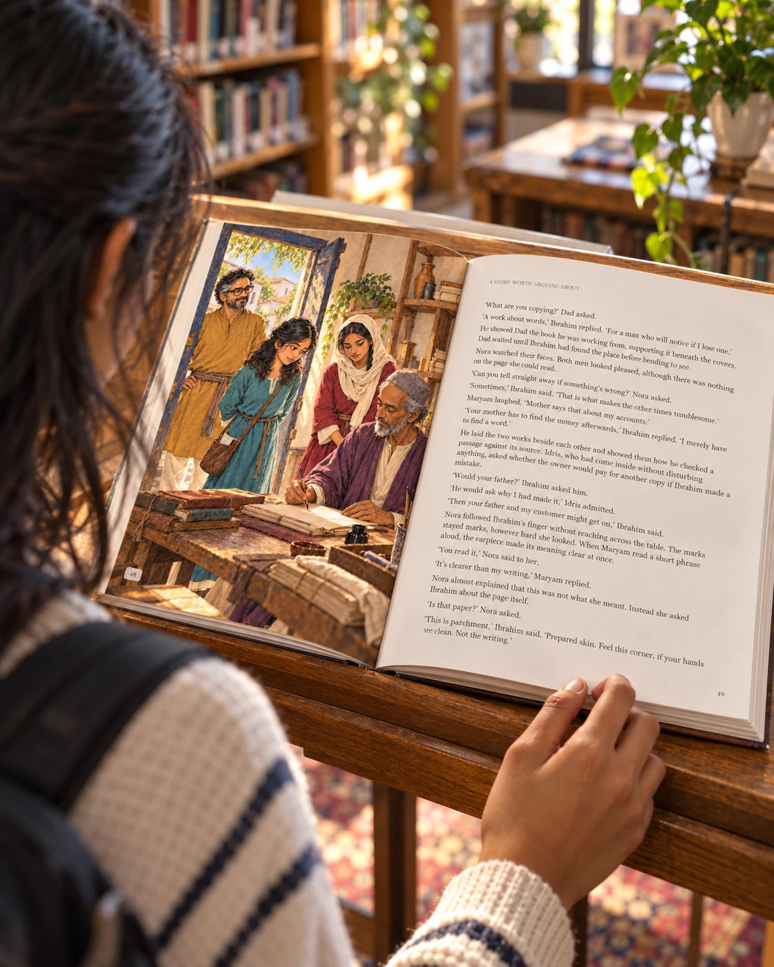 Illustrative photograph: A South Asian teenage girl discovering the open illustrated book on a waist-height library display angled towards her.