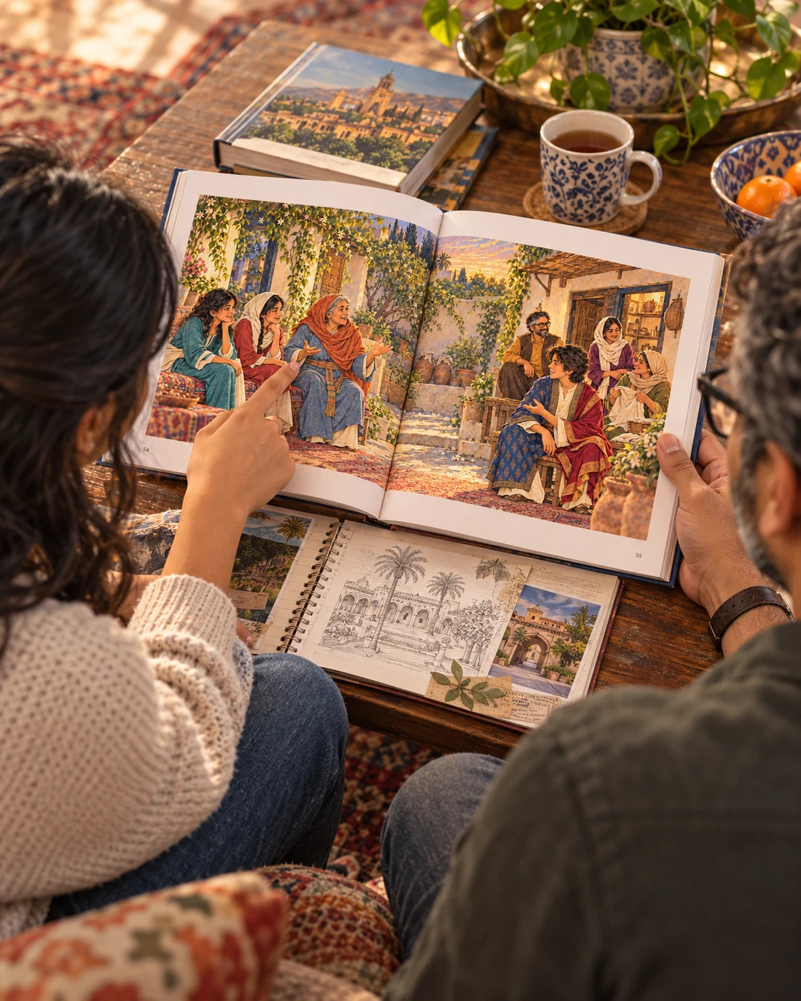Illustrative photograph: South Asian father and teenage daughter discussing the open book above a travel scrapbook on a low living-room table.