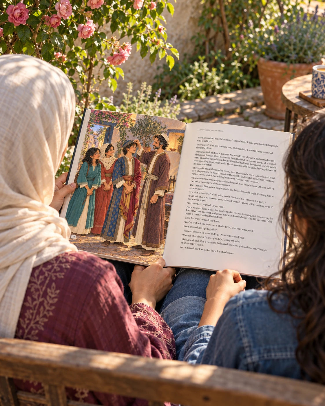 Illustrative photograph: Arab mother in a cream hijab and teenage daughter with uncovered dark hair reading together on a garden bench beneath a climbing rose.