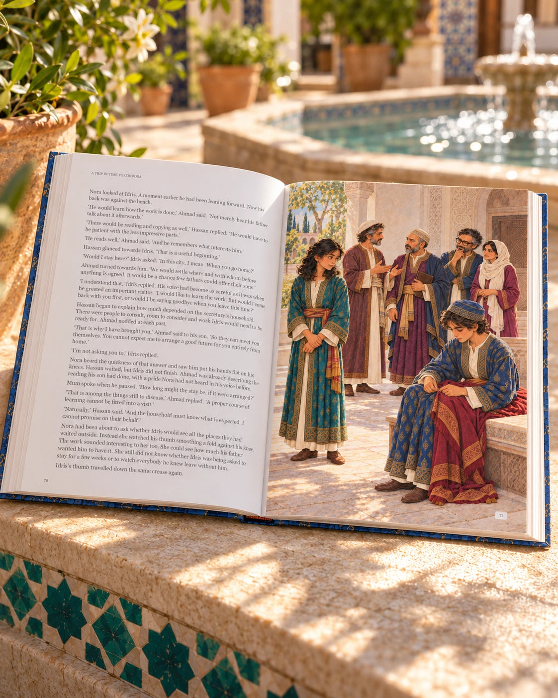 Illustrative photograph: Open illustrated book resting on a broad tiled courtyard ledge, small turquoise geometric tiles only on the vertical edge, smooth pale reading surface, a restrained fountain blurred in background, no people.