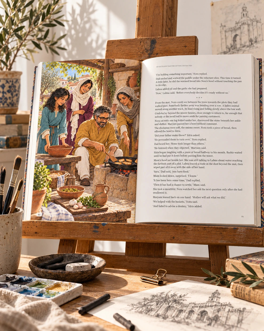 Illustrative photograph: An open illustrated book supported safely on a wide wooden studio easel shelf, drawing materials and one small charcoal study beside it.