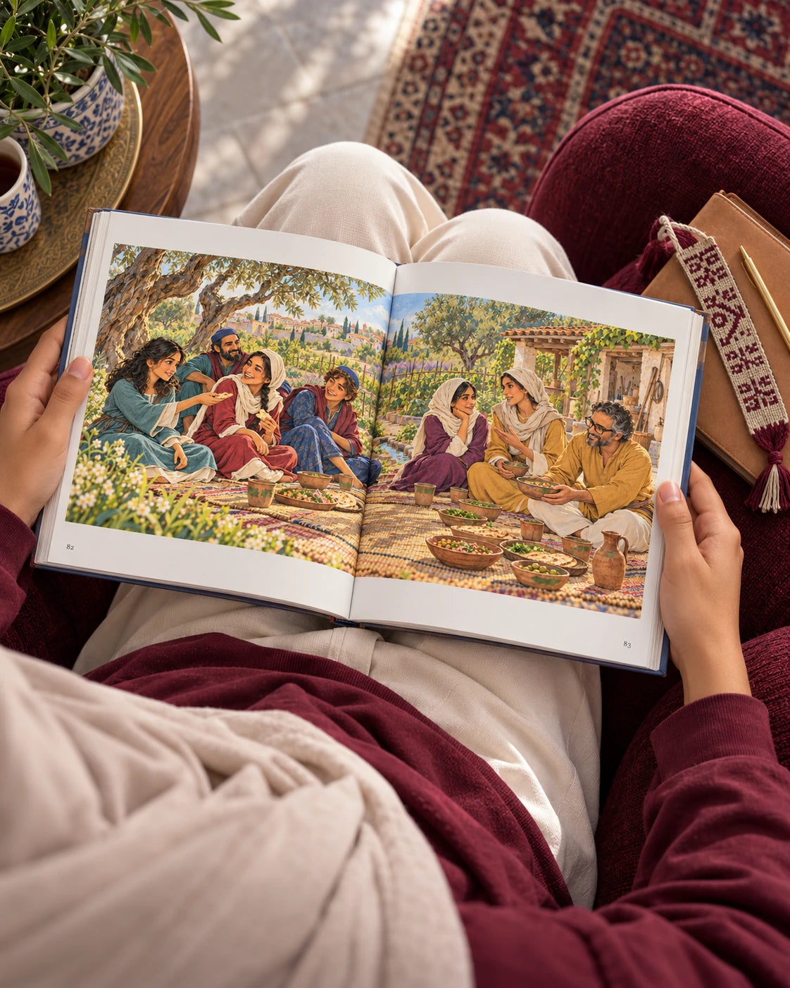 Illustrative photograph: Overhead view of an Arab teenage reader seated in an upholstered chair, open book on their lap, small notebook and a woven bookmark on the adjacent seat.