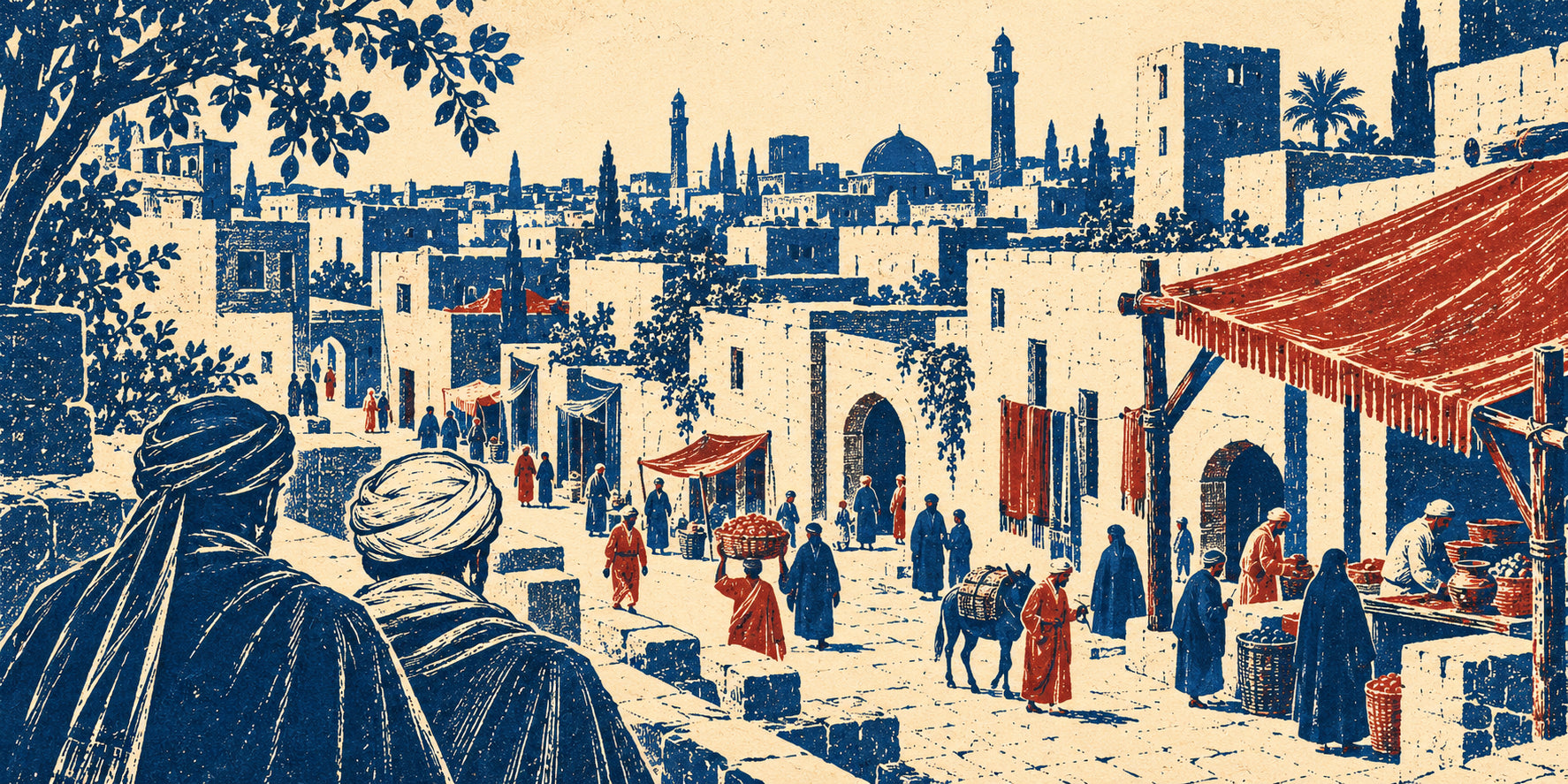 Cobalt and brick-red linocut of two investigators seen from behind above the streets and rooftops of medieval Damascus.