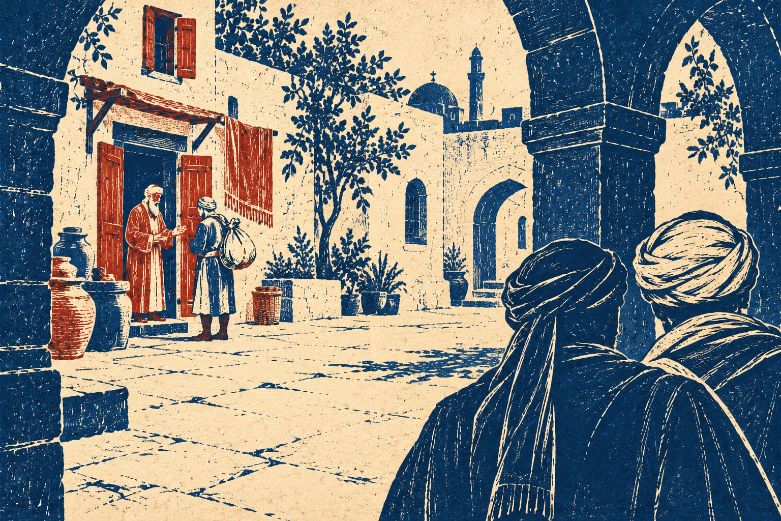 Rear-view investigators beneath an arcade watch a merchant and porter talking across a spacious courtyard, in two-colour linocut.