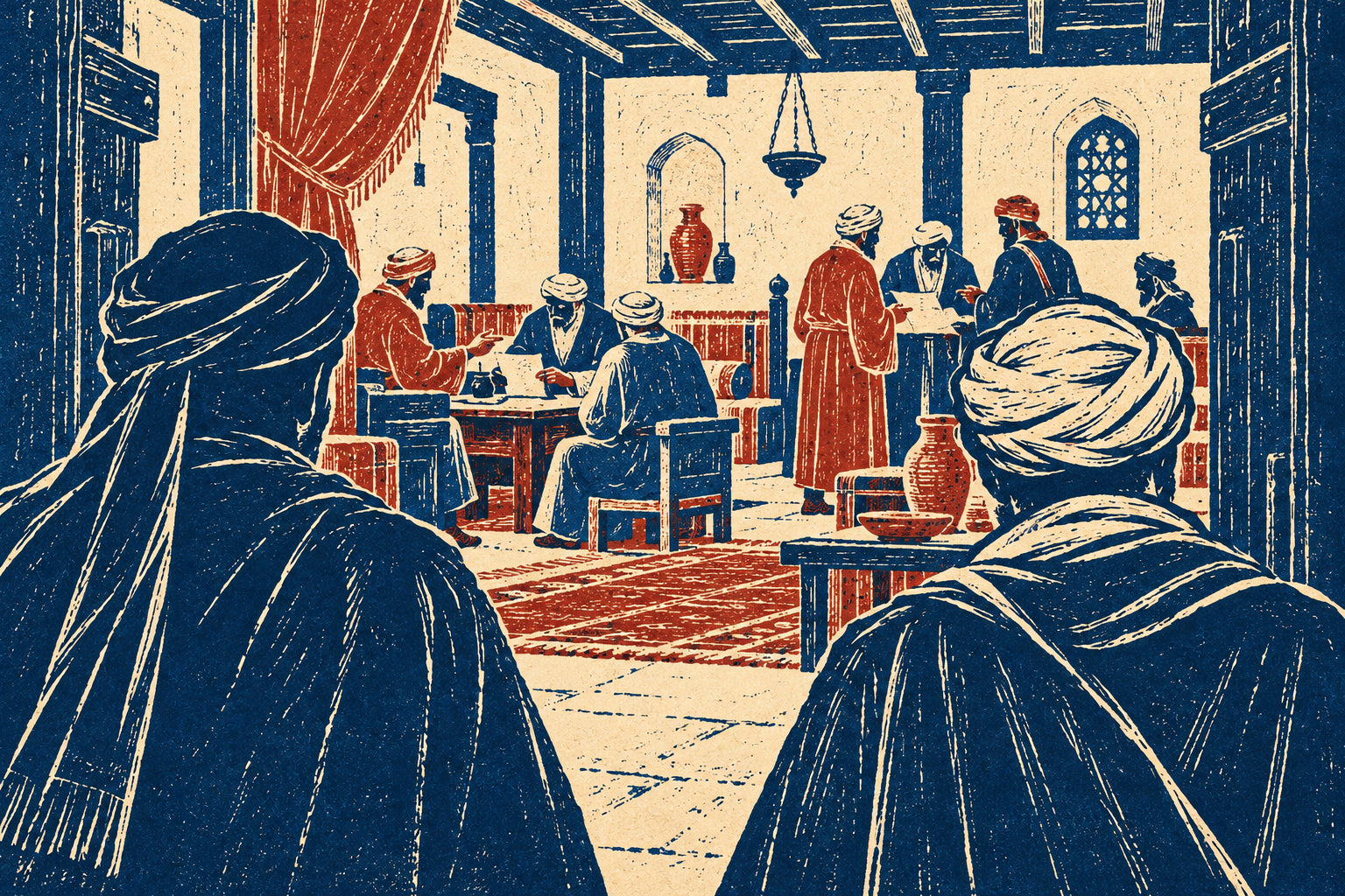 From behind two investigators at a doorway, groups of officials, a clerk and traders discuss papers inside a medieval meeting room.
