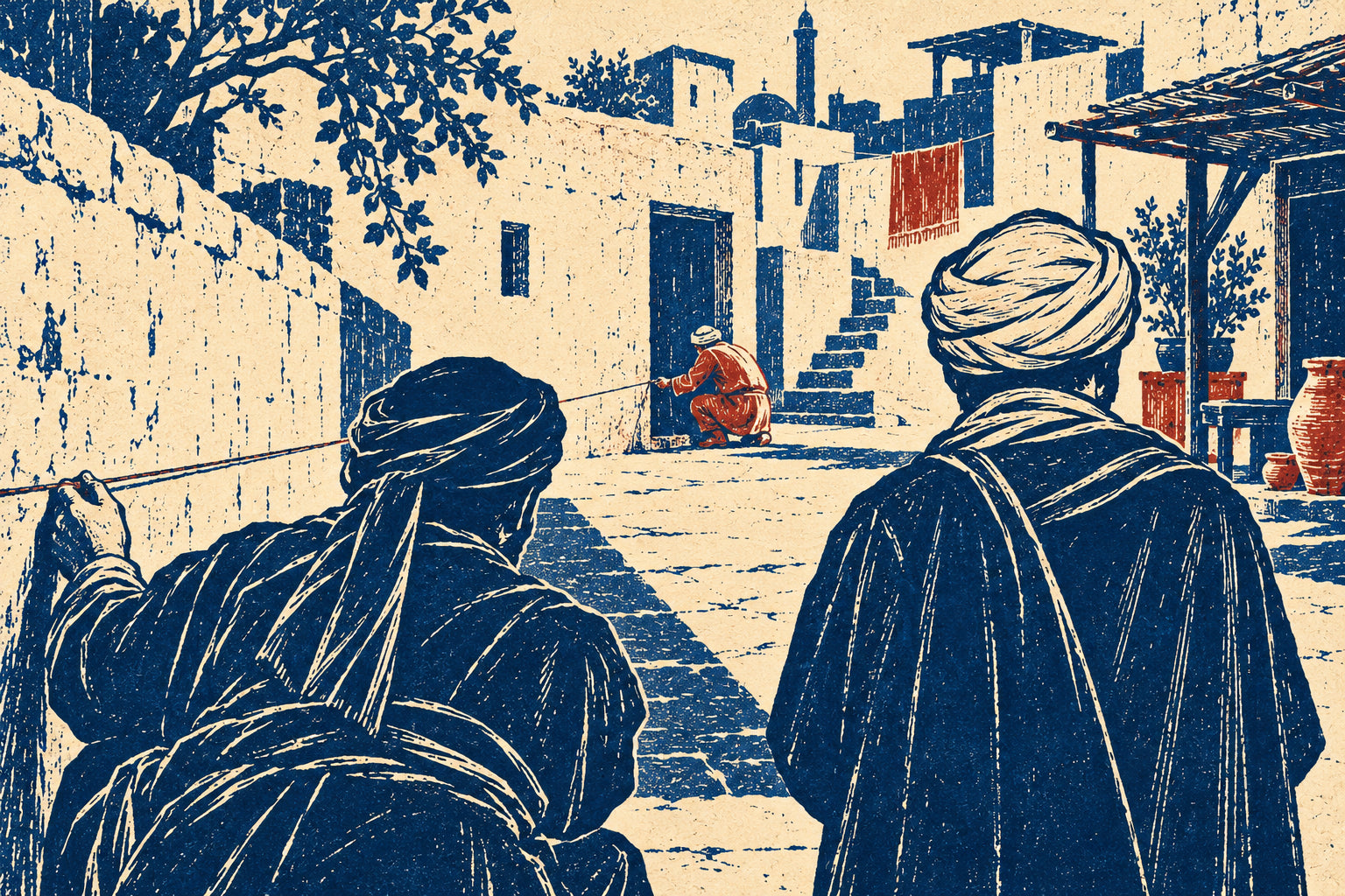 Viewed from behind, one investigator checks a courtyard wall with a cord while his partner watches a helper beside an opening.
