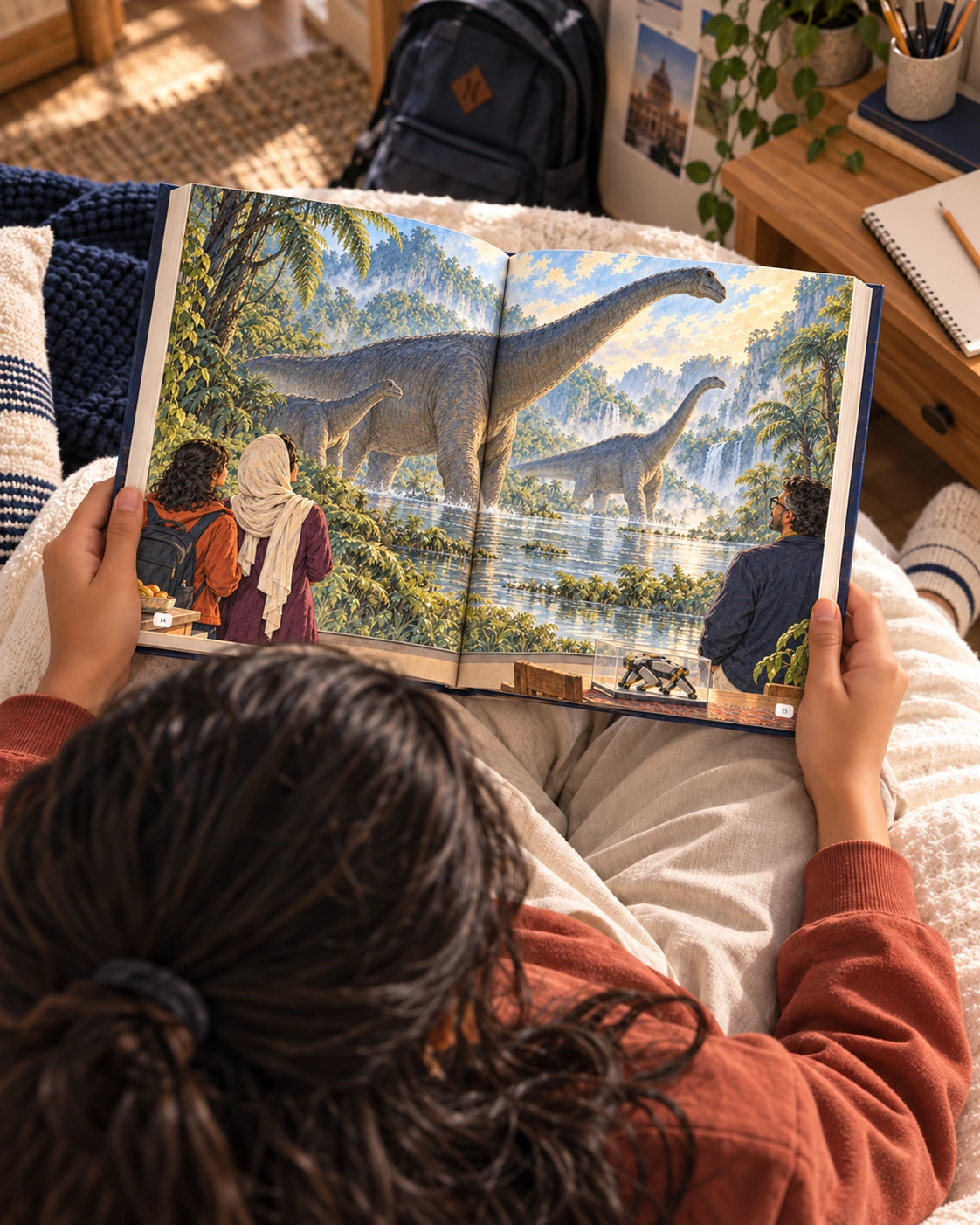 An earlier time-travel experiment · the dinosaur panorama; illustrative book photograph