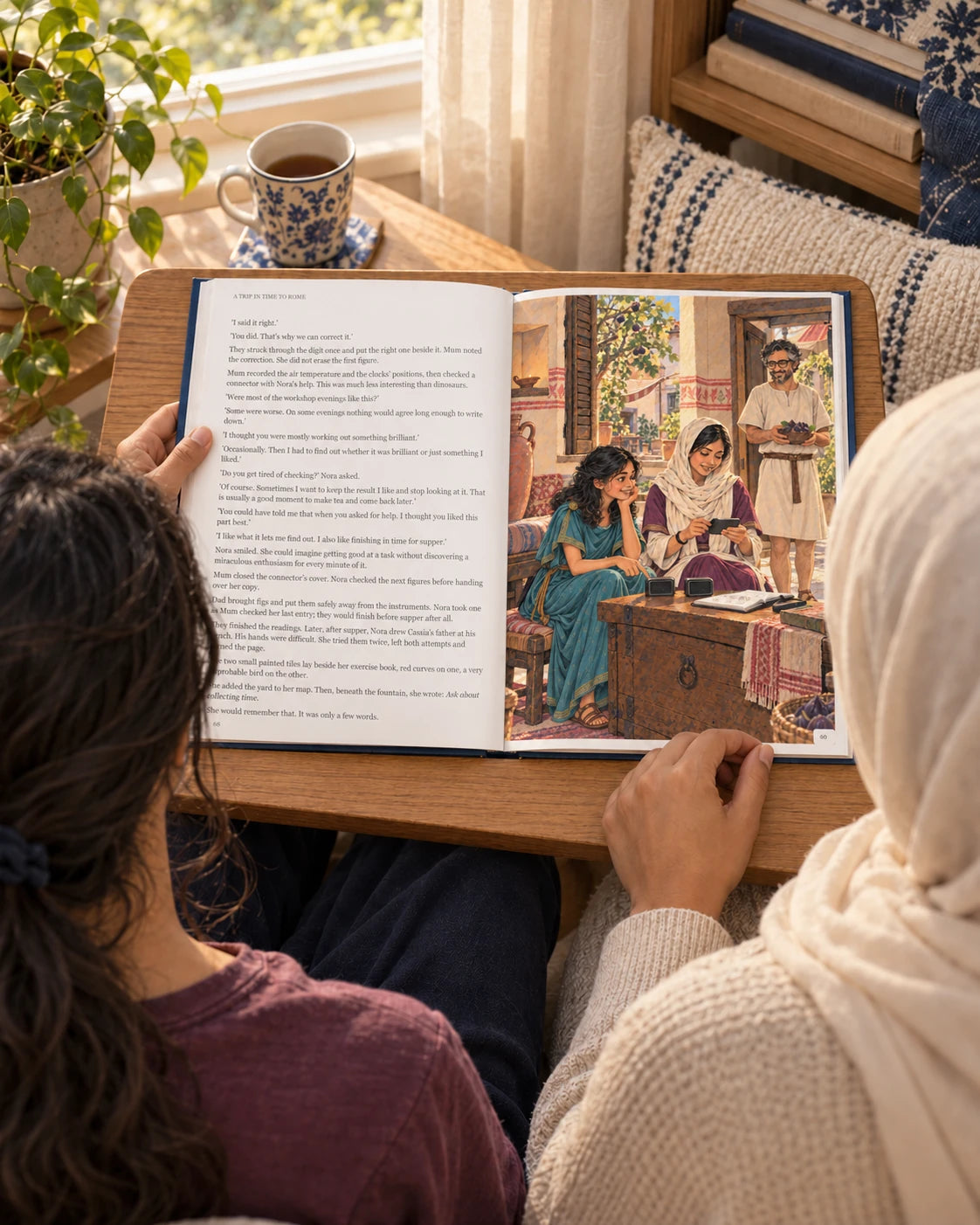Mother and daughter · curiosity together; illustrative book photograph