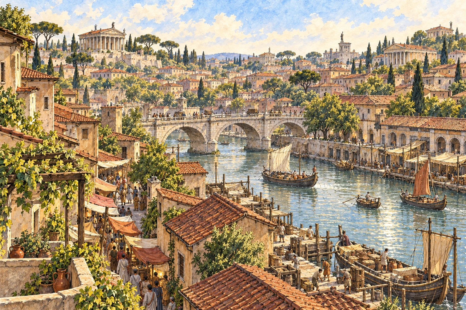 The Tiber, tiled roofs and everyday life in an imagined view of early Augustan Rome; original ink-and-watercolour webpage illustration