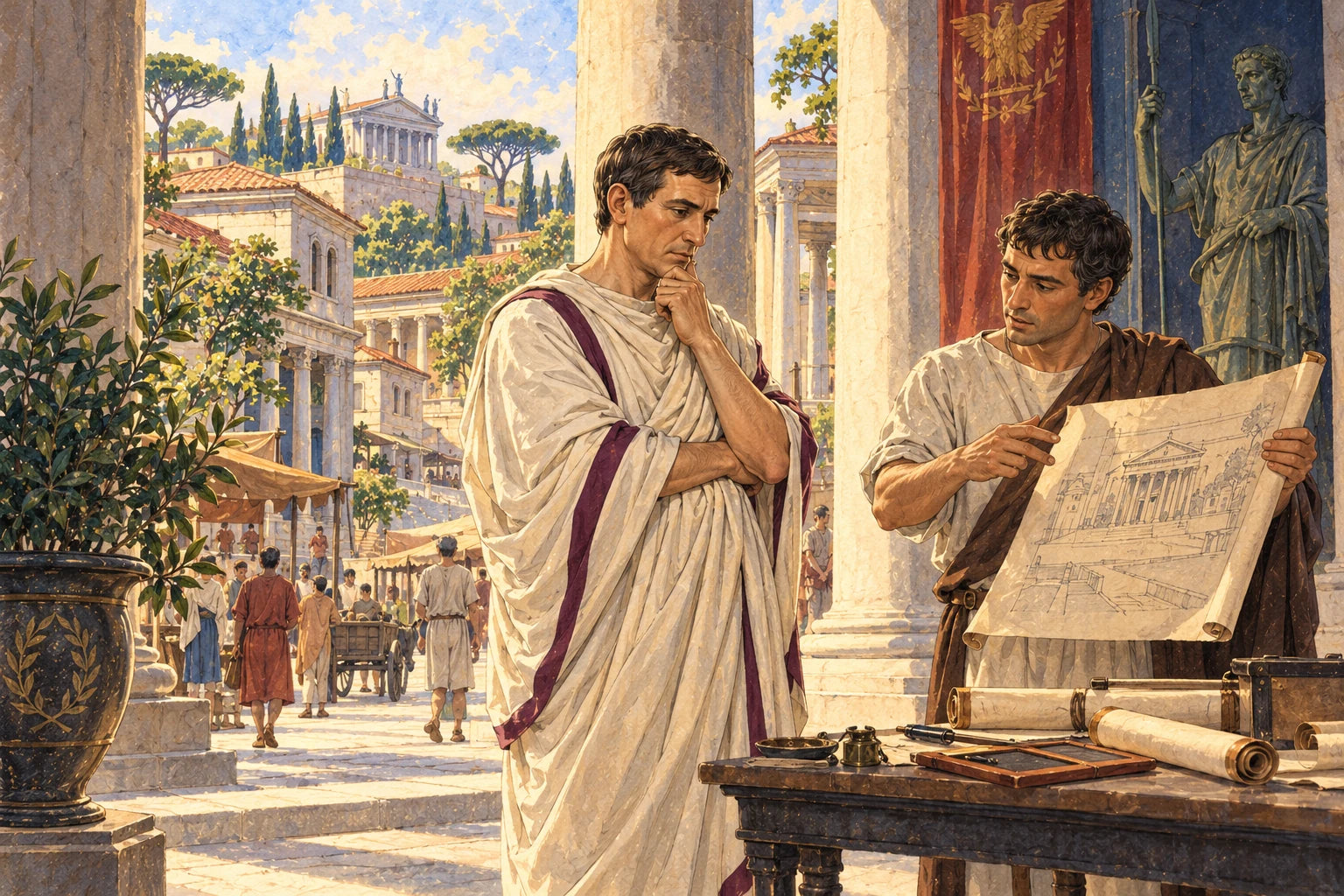 Augustus considers a building plan in an imagined civic scene; original ink-and-watercolour webpage illustration