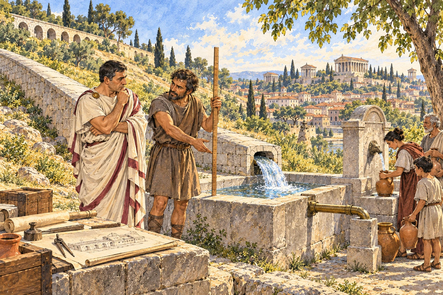 Agrippa and an engineer beside a distribution basin; an imaginative reconstruction; original ink-and-watercolour webpage illustration