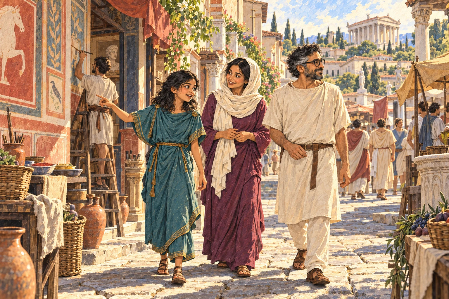 Nora, Sara and Ali discover a street of painted walls and working shops; original ink-and-watercolour webpage illustration
