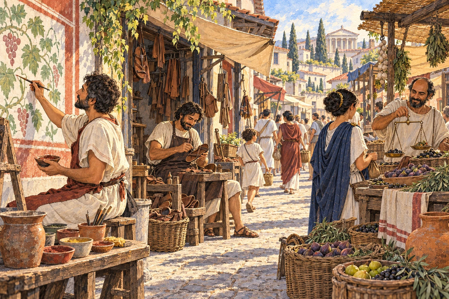 Painters, leatherworkers and market traders make the Roman street their own; original ink-and-watercolour webpage illustration