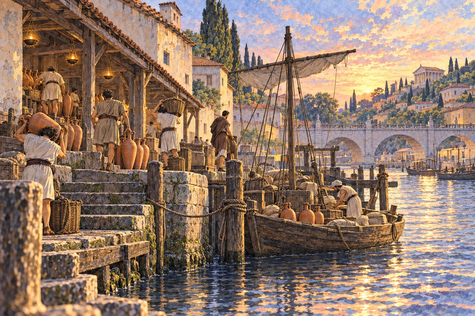A working Tiber landing place in the last light of day; original ink-and-watercolour webpage illustration
